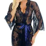 RSLOVE Damen Spitzen-Kimono-Robe Babydoll Dessous Eyelash Nachthemd Kleid Blau Mittel