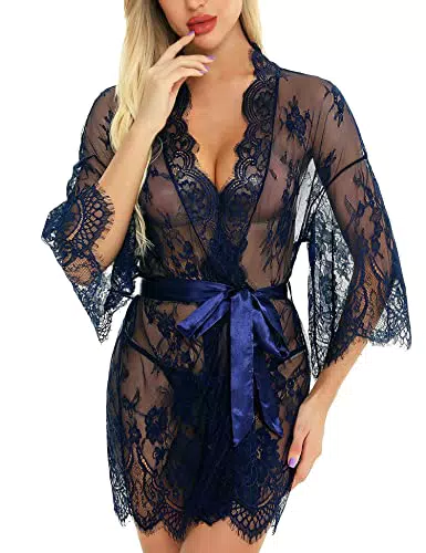 RSLOVE Damen Spitzen-Kimono-Robe Babydoll Dessous Eyelash Nachthemd Kleid Blau Mittel