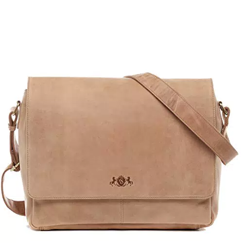 SID & VAIN Laptoptasche Messenger Bag Spencer aus Büffel-Leder I Business-Tasche groß für Herren 15 Zoll extra Laptop-Hülle I Umhängetasche beige handgefertigt