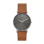 Skagen Herrenuhr Signatur, Dreizeiger Uhrwerk, 40mm Silbernes Edelstahlgehäuse mit Lederarmband