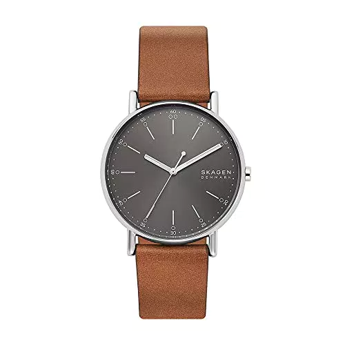 Skagen Herrenuhr Signatur, Dreizeiger Uhrwerk, 40mm Silbernes Edelstahlgehäuse mit Lederarmband