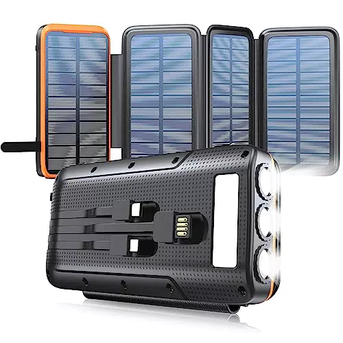 Solar Powerbank 27000mAh, Solar Ladegerät mit 4 Solarpanel und 4 Ausgängen& 2 Eingänge