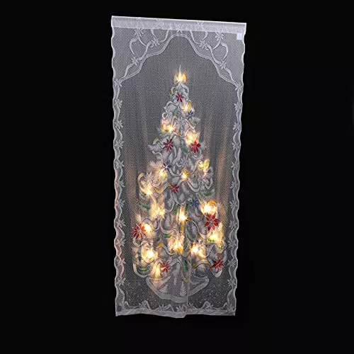 SOLUSTRE 1 Set Beleuchtete Weihnachten Baum Vorhang Panel Spitze Fenster Tür Vorhänge Weihnachten Baum Stange Tasche Vorhänge für Urlaub Partei Hause Dekorationen 102X213cm Weiß