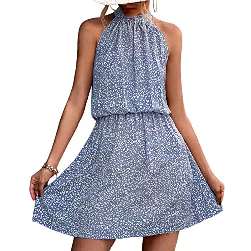Sommerkleid Damen Neckholder Kleid Elegantes Ärmelloses Strandkleid A-Linien Kleid Elastisches Taillenkleid lässig Kleid