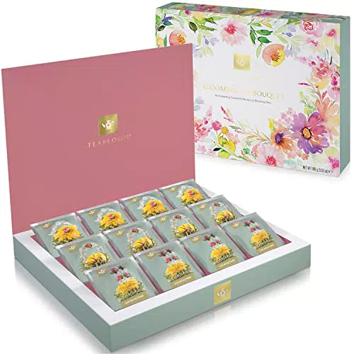 Teabloom Teeblumen Kiste Sorgfältig Ausgewähltes Tee Geschenkset mit 12 Gourmet Blumentees - 36 Aufgüsse Verpackt in einer Eleganten Geschenk Teebox