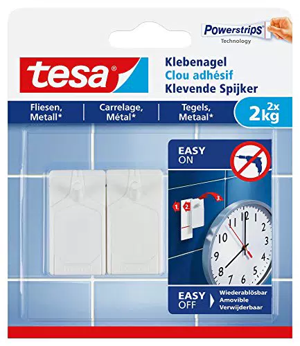 tesa Klebenagel Fliesen&Metall, 2er Set - Klebenagel für glatte und feste Oberflächen in Badezimmer und Küche