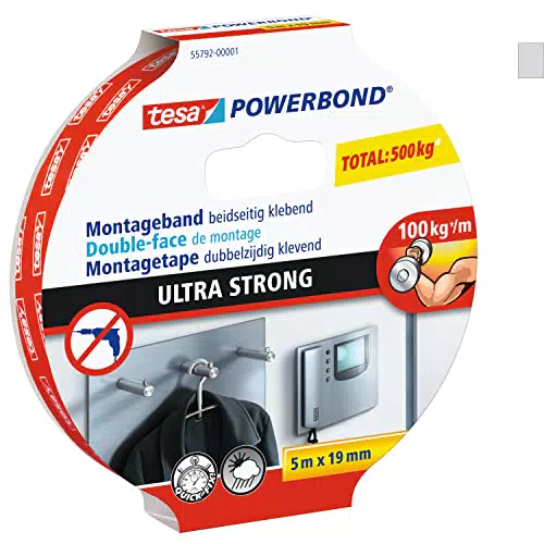 tesa Powerbond ULTRA STRONG - Doppelseitiges, extra starkes Montageband zur permanenten Befestigung im Außen- und Innenbereich - 5 m
