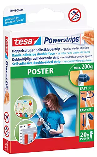 tesa Powerstrips POSTER - Doppelseitige Klebestreifen für Poster und Plakate - Selbstklebend und spurlos wieder ablösbar - Bis zu 200 g Halteleistung - 20 Stück