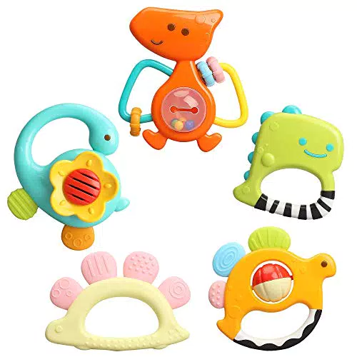 TINOTEEN Baby Rattles Spielzeugset, 5 Stück Beißring Shaker Grab Spin Rassel Spielzeug für 3 6 9 12 18 Monate Babys Neugeborenes