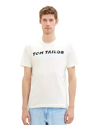TOM TAILOR Herren 1037277 T-Shirt mit Logo-Print, 10332-Off White