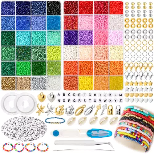 UOONY 16000 Stück 3mm Bunte Glasperlen set, DIY Perlen zum Auffädeln mit Buchstabenperlen für Geschenkidee Armbänder