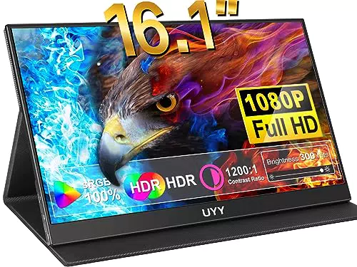 UYY Tragbarer Monitor 16, 1 Zoll HDR FHD Portable Monitore Travel Monitore FreeSync IPS mit Type-C Dual Speakers Smart Cover für |Laptop|PC|Phone|Mac|PS5|Game Console