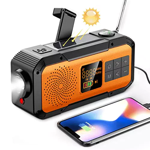 Uzoli Kurbelradio Outdoor Camping Radio Solarradio Notfallradio tragbar Dynamo Radio mit 3000mAh Akku AM FM Bluetooth Taschenlampe SOS-Alarm USB Powerbank Handyladefunktion IPX5 wasserdicht - SR1