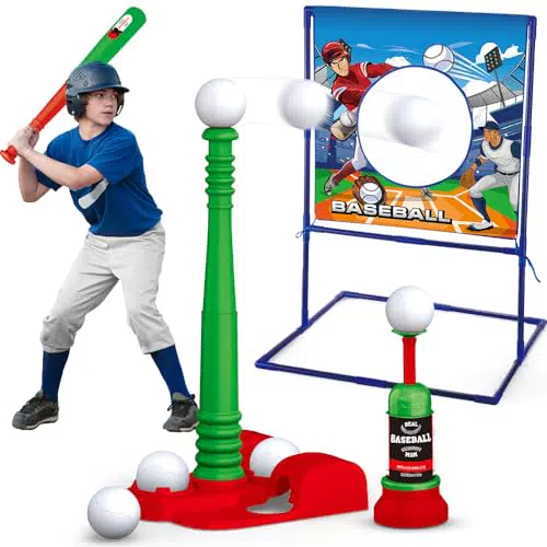 VATOS T Ball Sets für Kinder 3-5, Kinder Teeball Spielzeug-Sets mit Einstellbarer Höhe Baseball Target Fixed & Ejection Baseball Batting Tee 6pcs Baseballs