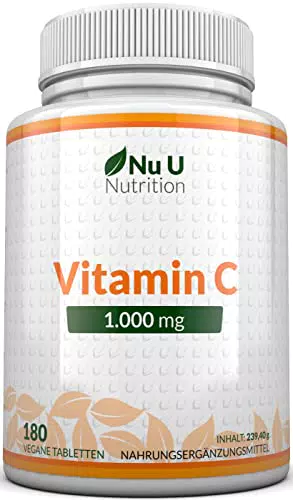 Vitamin C 1000mg Hochdosiert - 180 Vegane Tabletten - Vit C für 6 Monate - Von Nu U Nutrition