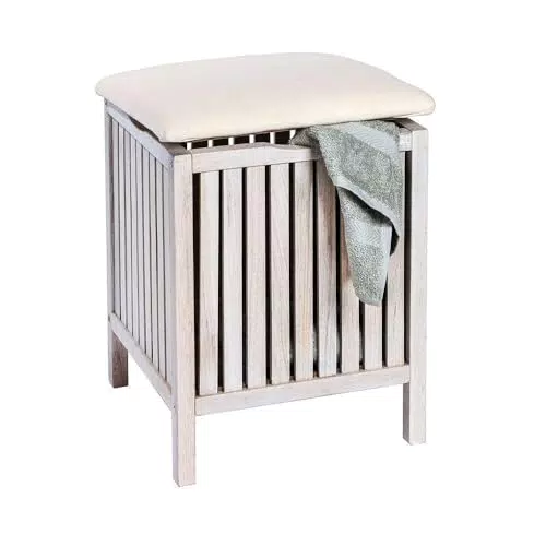 WENKO Badhocker Norway mit Wäschesammler, Wohnhocker im Shabby-Chic Design mit gepolsterter und aufklappbarer Sitzfläche als Deckel