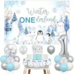 Winter Onederland 1. Geburtstag Dekorationen, Arctic Polar Tiere Geburtstag Hintergrund Blau Silber Ballon Kuchen Topper Ein Hochstuhl Banner Nummer 1 Folienballon für Jungen Mädchen 1. Geburtstag