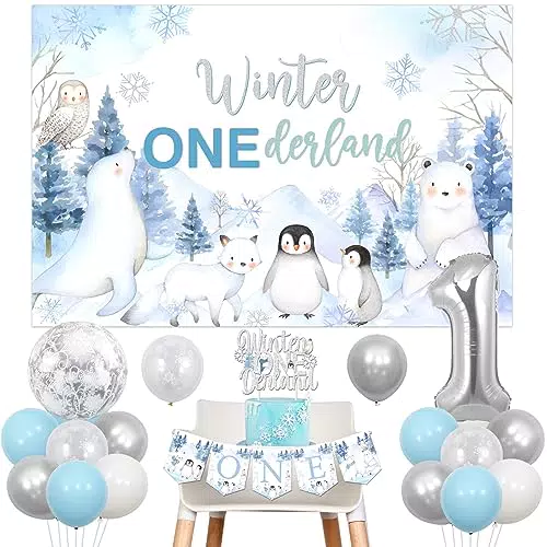 Winter Onederland 1. Geburtstag Dekorationen, Arctic Polar Tiere Geburtstag Hintergrund Blau Silber Ballon Kuchen Topper Ein Hochstuhl Banner Nummer 1 Folienballon für Jungen Mädchen 1. Geburtstag