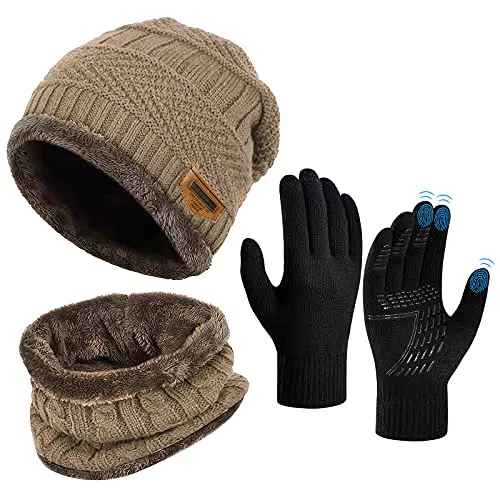 Wintermütze Schal Touchscreen Handschuhe Set - Unisex Beanie Strickmütze Winterschal Thermo Handschuhe