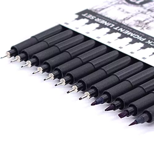 YISAN 12 Fineliner Stifte Set, Schwarz Filzstiften, Tuschestift Pigment Liner Set