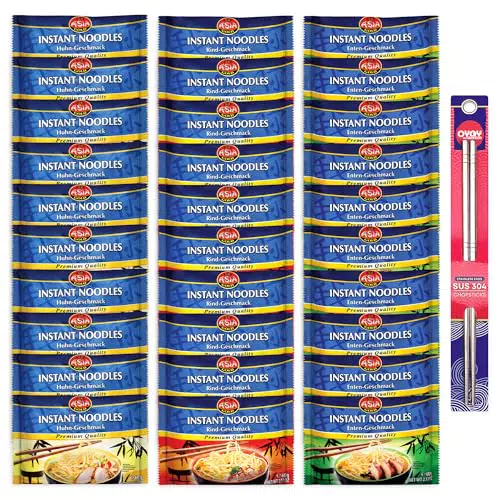 30er Mix Set Asia Gold Instant Nudeln KURZES MHDI je 10x Rind Huhn Ente I 30x60g I Chinesische Nudeln I Asia Nudeln Instant I Asiatische Nudeln I Instant Ramen I OYOY Metall Essstäbchen