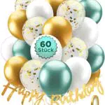 60er Set Luftballons Geburtstag mit Happy Birthday Banner - all-in-one Geburtstagsdeko - Deko Geburtstag - Ballons Geburtstag - Grün Gold Weiß