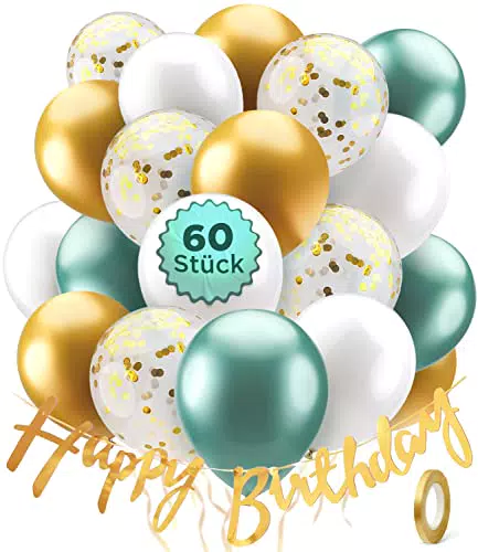 60er Set Luftballons Geburtstag mit Happy Birthday Banner - all-in-one Geburtstagsdeko - Deko Geburtstag - Ballons Geburtstag - Grün Gold Weiß