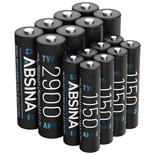 ABSINA 8X AA Mignon 2900 & 8X AAA Micro 1150 Akku - NiMH Wiederaufladbare Akkus mit 1