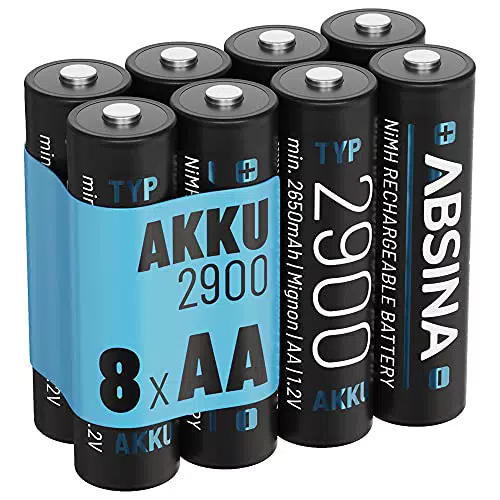 ABSINA Akku AA wiederaufladbar 2900 8er Pack - NiMH AA Akku mit 1