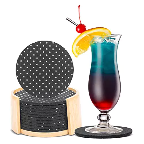 AMALINDO Filz Untersetzer für Gläser Grau Ø11cm - 10 Glasuntersetzer Filz Grau Rund - Set Filzuntersetzer mit Bambusbox - Abwaschbar und rutschfest Untersetzer Gläser Filz