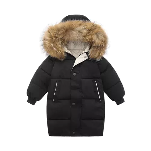 amiyan Unisex Jungen Steppjacke Baumwolle Winter Mantel Dicke Kinderjacke Winterjacke Flaum gefüttert Winter Kapuzenjacke mit Kunstfell Wintermantel Outerwear 7-11 Jahre Schwarz 140-146