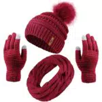 Aneco Womens Winter Warm Sets gestrickt Pelz Pompons Beanie Hut Kreis Loop Schal Touchscreen Handschuhe Winter Favor Zubehör