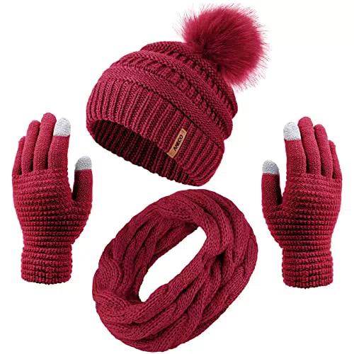 Aneco Womens Winter Warm Sets gestrickt Pelz Pompons Beanie Hut Kreis Loop Schal Touchscreen Handschuhe Winter Favor Zubehör
