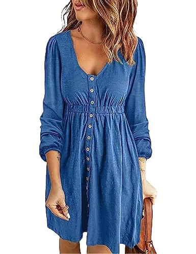 ANGGREK Freizeitkleider für Damen langärmelig Knopfleiste V-Ausschnitt Midi elastische Taille A-Linie Swing-Minikleider