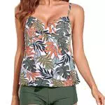 Badeanzug Damen Tankini Set Bademoden Bauchweg Push Up High Waist Badekleid mit Badeshorts Oberteil mit Zwei Trägern Grün X