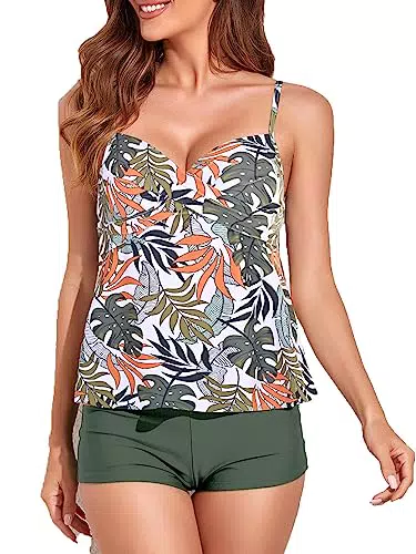 Badeanzug Damen Tankini Set Bademoden Bauchweg Push Up High Waist Badekleid mit Badeshorts Oberteil mit Zwei Trägern Grün X