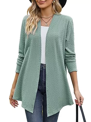 BAISHENGGT Wogende Weizen im Wind Damen Strickjacke Elegante Kable Drapieren Lange Ärmel Offene Vorne Lockere Cardigan Strickpullover Grün X