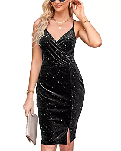 BebreezChic Kleider Damen Kurz Samtkleid V-Ausschnitt Ärmellos Spaghettiträger Bodycon Schlitz Glitzer Wickelkleider Partykleider Cocktailkeider