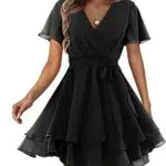Beluring Kleider Damen Wickel Stufenkleid Rüschen Kurzarm Partykleid Plissee Einfarbig Kleid mit Gürtel Schwarz
