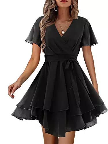 Beluring Kleider Damen Wickel Stufenkleid Rüschen Kurzarm Partykleid Plissee Einfarbig Kleid mit Gürtel Schwarz