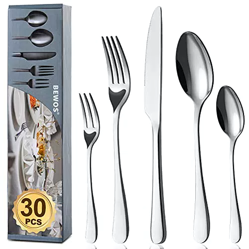 BEWOS Besteck Set für 6 Personen, 30 teilig Essbesteck Set inkl. Messer