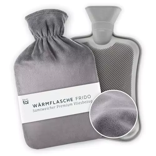 Blumtal Wärmflasche mit Premium Vliesbezug in Samtoptik - Wärmeflasche mit Bezug zur Schmerzlinderung