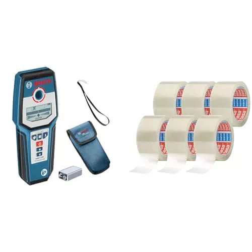 Bosch Professional digitales Ortungsgerät GMS 120 & tesapack 64014 im 6er Pack - Geräuscharmes Paketklebeband zum Verpacken von Paketen und Versandschachteln - transparent - 6 Rollen je 66 m