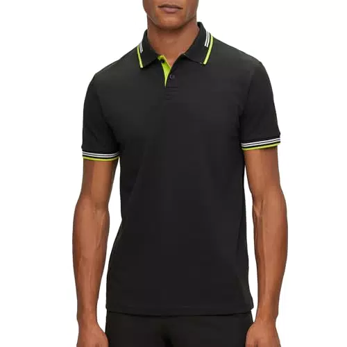 BOSS Herren Paul Curved Slim-Fit Poloshirt aus elastischem Baumwoll-Piqué mit geschwungenem Logo Schwarz