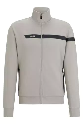 BOSS Herren Skaz 1 Sweatjacke aus Baumwoll-Mix mit Reißverschluss und grafischem Logo-Streifen Hellgrau