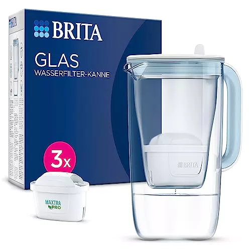 BRITA Glas Wasserfilter-Kanne hellblau inkl. 3x MAXTRA PRO All-in-1 Kartusche Premium Design Kanne aus Glas