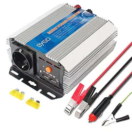 BYGD 300W Spannungswandler 12V 230V Wechselrichter, 12V auf 230V Stromumwandler mit 2 USB Anschluss