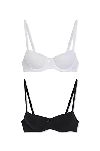 C&A Damen Demi BH Demi Bra Stretch|Baumwolle 2er Pack|Multipack weiß/schwarz 75 A