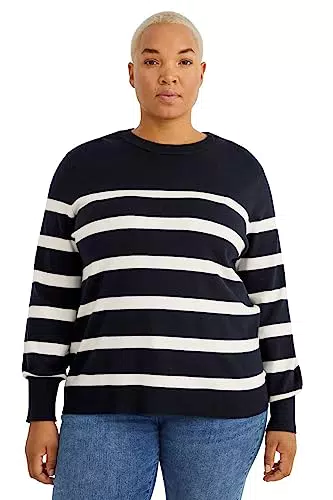 C&A Damen Pullover Große Größen Rundhalsausschnitt Viskose|Stretch Streifen dunkelblau 54