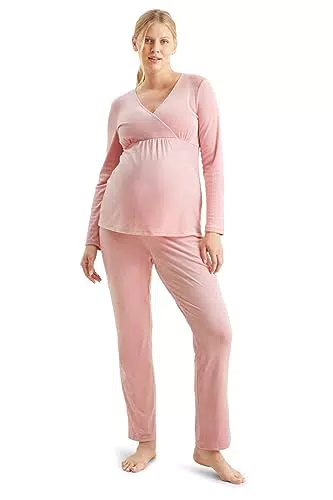 C&A Damen Pyjama Set Umstandsmode Empire Stretch|Polyester Unifarben rosa